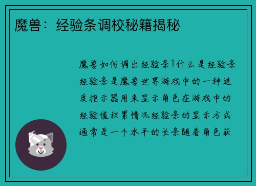 魔兽：经验条调校秘籍揭秘